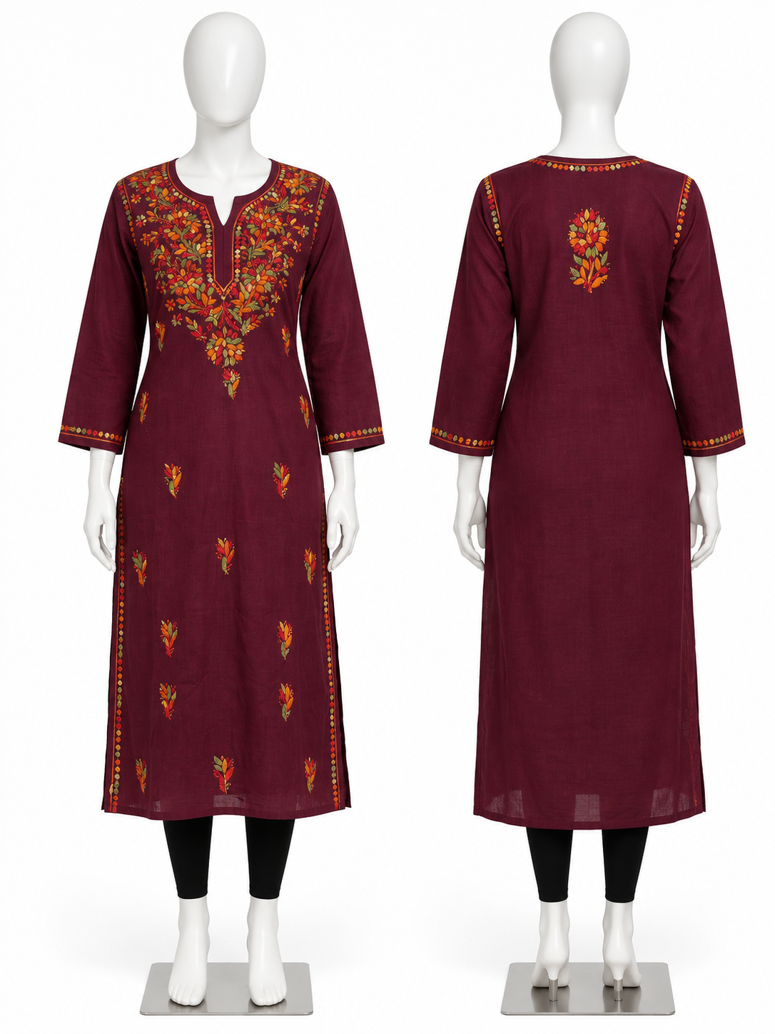 Women’s Maroon Floral Embroidered Straight Kurti