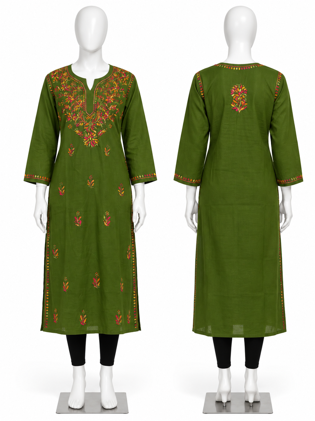 Women’s Olive Green Floral Embroidered Straight Kurti