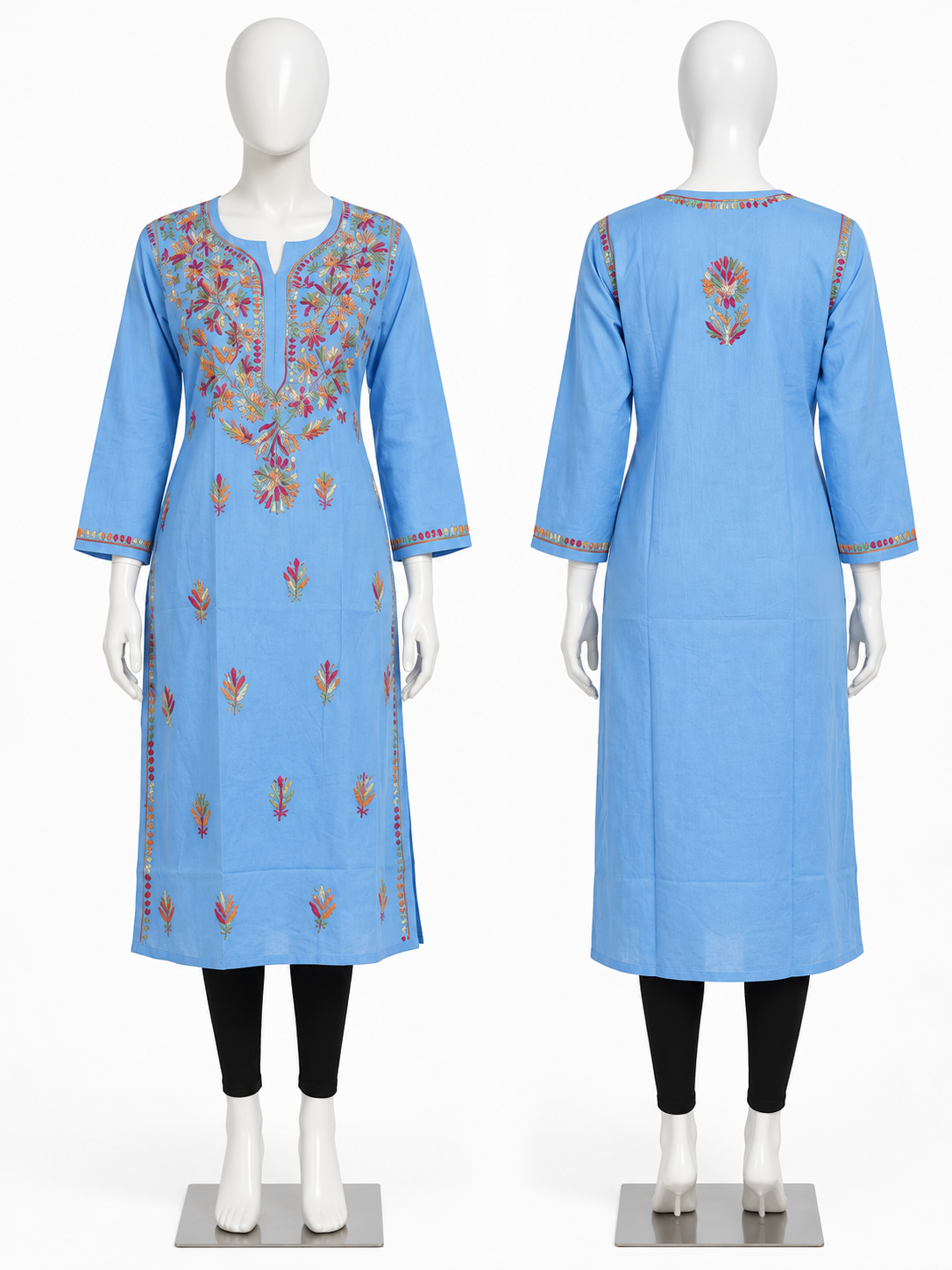 Women’s Sky Blue Floral Embroidered Straight Kurti